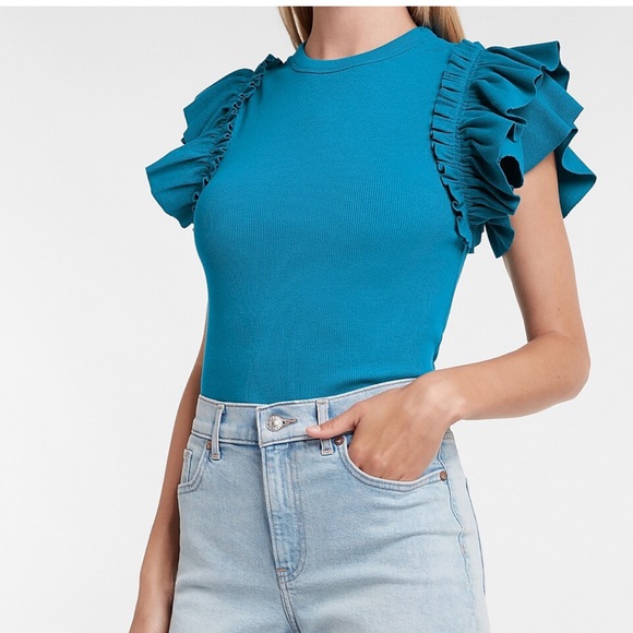 Express black Ribbed Ruffle Sleeve Tee - Picture 5 of 6